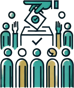 Icône représentant une main insérant un bulletin de vote dans une urne, entourée de figures humaines levant la main, symbolisant la participation démocratique, le vote et l'engagement citoyen.